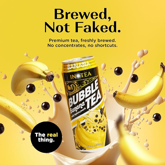 Inotea Bubble Tea with Tapioca Pearls - Delicious Instant Boba Tea - Ready-to-Drink Black Milk Tea - Comes in Large 16.6 oz Cans - Enjoy Real Boba Without the Long Lines - Banana - 12 pack