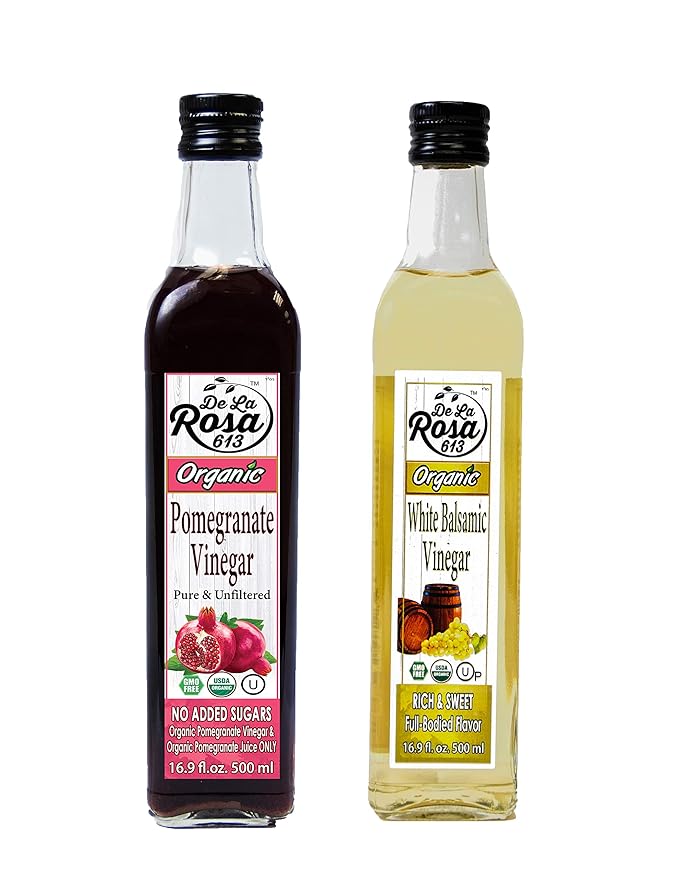 De La Rosa Organic Pomegranate and White Balsamic Vinegar Vegan Kosher Non-GMO &amp Gluten Free Great for Salad Dressings Marinades &amp More 16.9 Oz (Pack of 2)