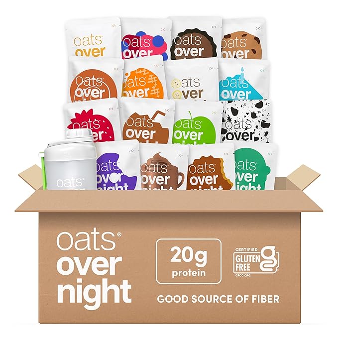 Oats Overnight Ultimate Variety Pack - High Protein 5g Fiber Breakfast Protein Shake Gluten Free Oatmeal Non GMO Oatmeal - Green Apple Cinnamon Coconut Cream Pie &amp More (16 Pack + Shaker Bottl