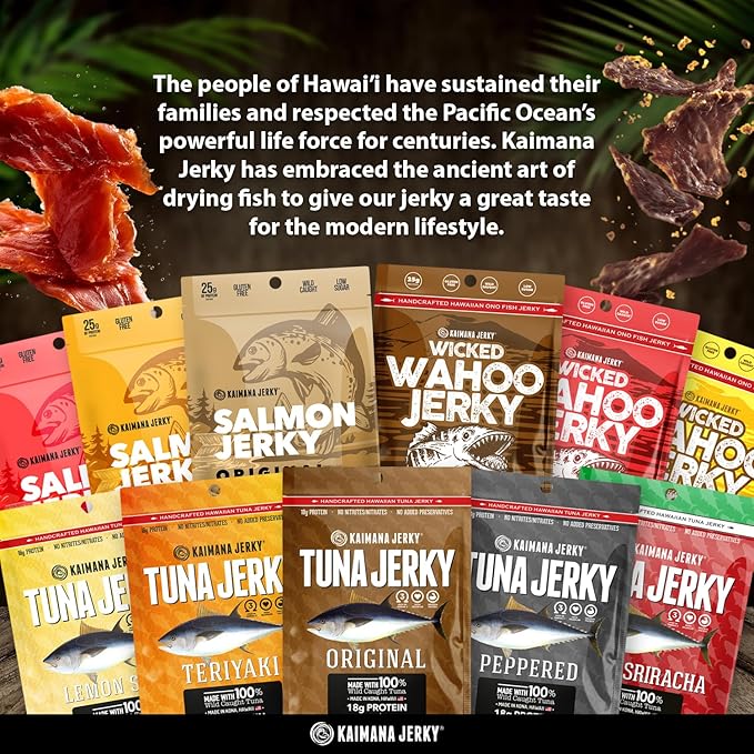 Kaimana Jerky Variety Pack - Ahi Tuna Salmon &amp Wahoo Ono Fish Jerky - All-Natural Wild-Caught Protein-Packed Omega-3 Rich - Made in Hawaii - 11 Bags Great Gift for Dad or Military Care Packag