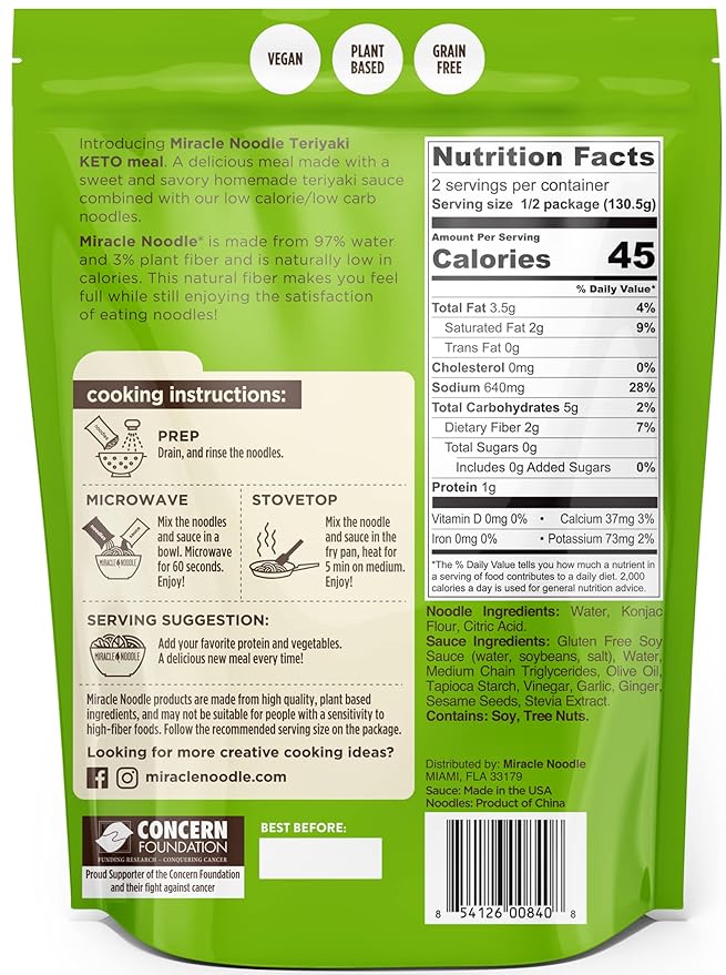 Miracle Noodle Ready to Eat Teriyaki Pasta 9.2 Oz (Pack of 6) Plant Based Shirataki Konjac Noodles 45 Calories 3g Net Carbs Per Serving Keto Gluten-Free