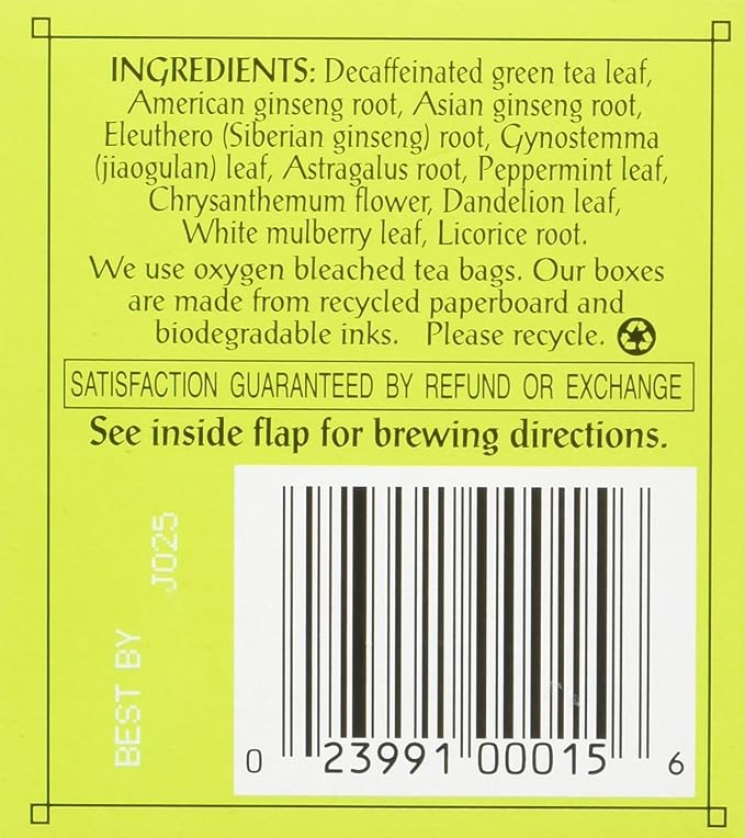 Triple Leaf Tea Decaf Green Tea with Ginseng 20 Tea Bags (Pack of 6)