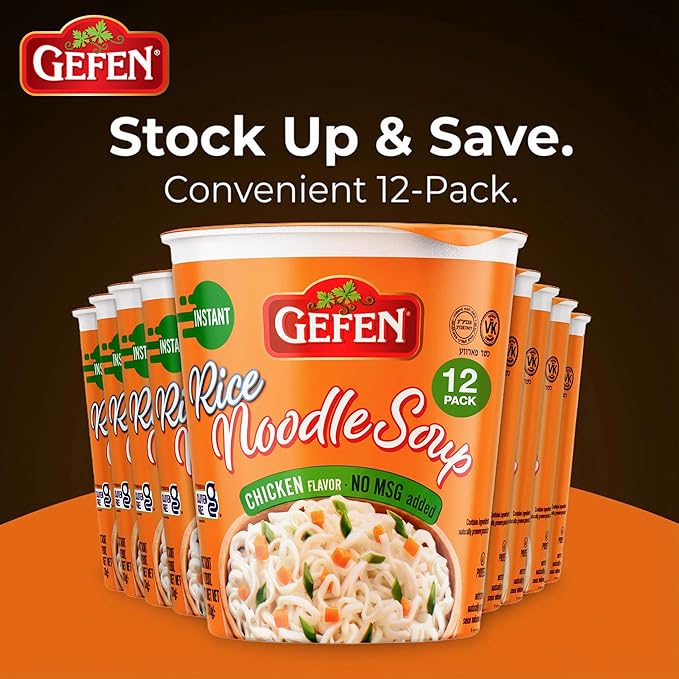 Gefen Gluten Free Instant Rice Noodle Soup Cup 2.3oz (12 Pack) | No MSG Imitation Chicken Soup Flavor Made with Rice Noodles Dairy Free Meat Free Kosher Just Add Hot Water &amp Serve