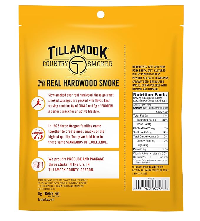 Tillamook Country Smoker Smoked Sausages Original Zero Sugar Gluten Free 4 Ounce (Pack of 12)