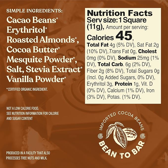 The Good Chocolate - Salted Almonds Keto Chocolate Squares Zero Sugar Lower Net Carb Snack Lower Calorie Vegan Chocolate Candy 24 Square Family Pack