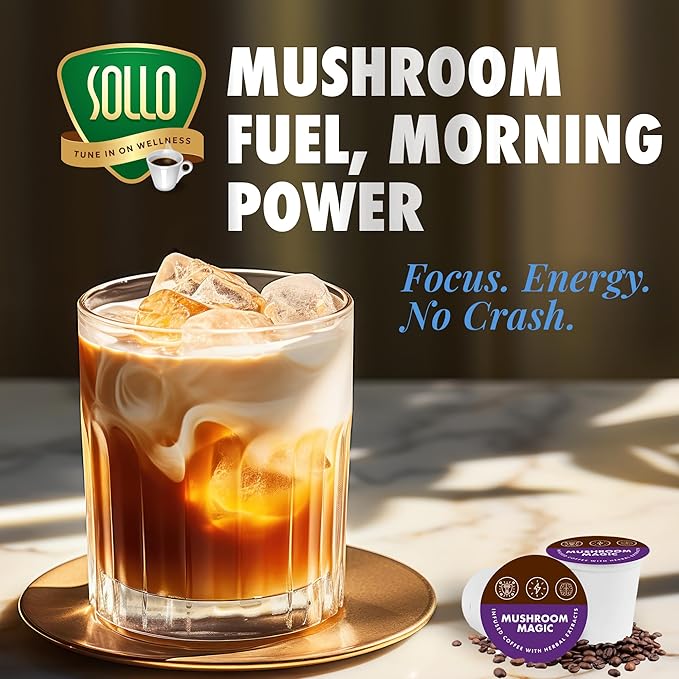 Sollo Infused Super 6 Mushroom Blend Coffee Pods – 100% Arabica Medium Roast with 6 Functional Mushrooms &amp B-Vitamins – Lion’s Mane Chaga Reishi Cordyceps Turkey Tail Oyster – 24 K-Cups