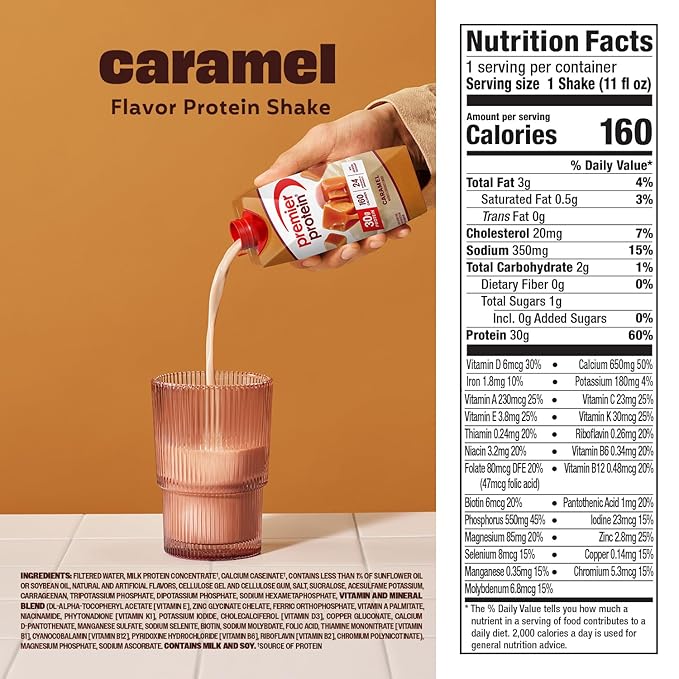 Premier Protein Shake Caramel 30g Protein No Added Sugar 24 Vitamins &amp Minerals to Support Immune Health 11 fl oz 12 Pack