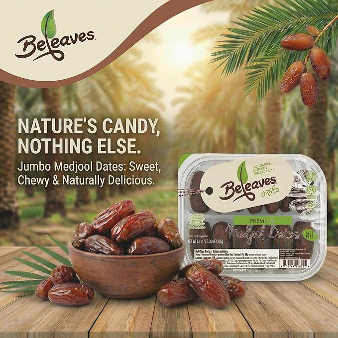 Beleaves Premium Medjool Dates 8 oz (4 Pack) | Vegan Gluten Free Kosher Nothing Artificial | Healthy Snack Baking &amp Salad Ingredient | Naturally Sweet Caramel-Like Flavor