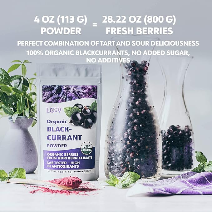 Organic Black Currant Powder – Pure 100% Natural Whole Fruit Freeze-Dried &amp Powdered – Non-GMO No Added Sugar – Rich in Polyphenols &amp Vitamin C – 4oz (15 Servings)