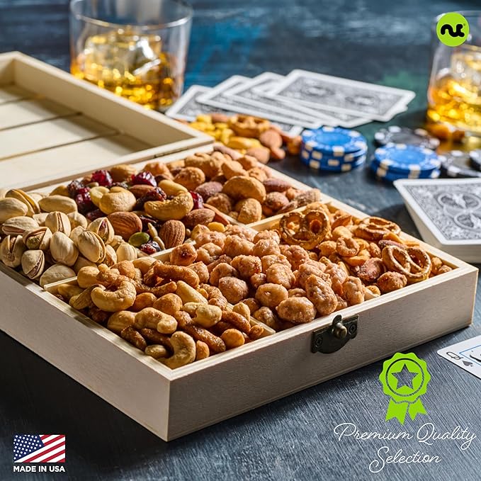 NUT CRAVINGS - Easter Mixed Nuts Gift Basket in Reusable Wooden Crate (12 Assortments) Ramadan Gifts Treats for Adults Food Arrangement Healthy Snack Care Package Kosher