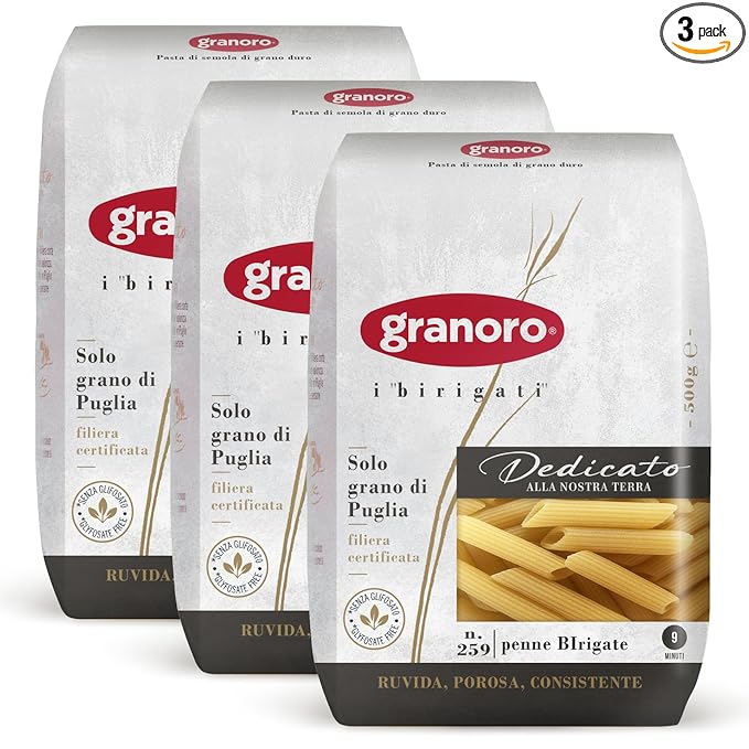 Granoro Dedicato Penne BIrigate (Double Ridged) #259 - Authentic Italian Pasta Made from 100% Puglia Durum Wheat Semolina Bronze Die Non-GMO Vegan 1 lb Bags (Pack of 3)