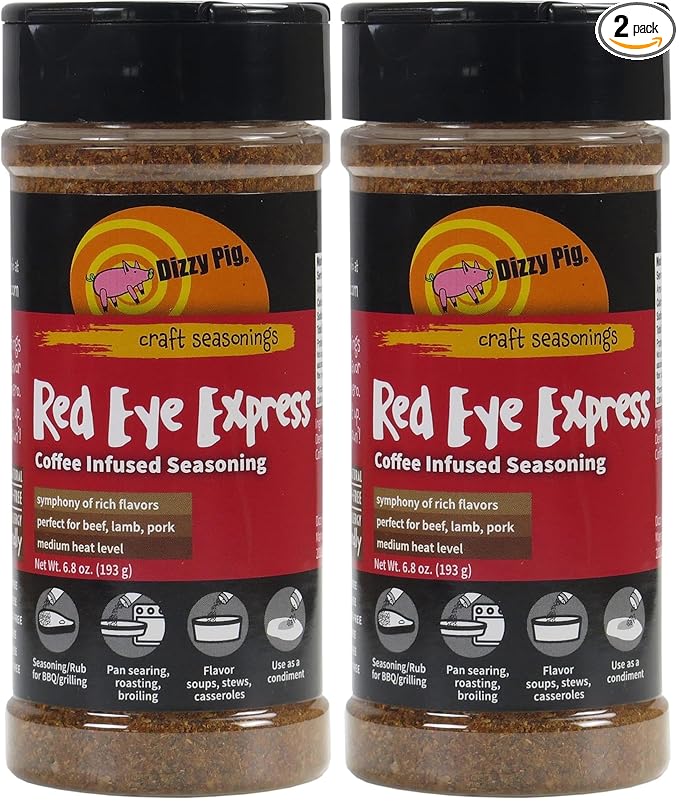 Dizzy Pig Red Eye Express Coffee-Infused Seasoning Rub (8oz Shaker) - Seasons 30+lbs of Food - Hand Made in the USA - MSG Free Gluten Free (Pack of 2)