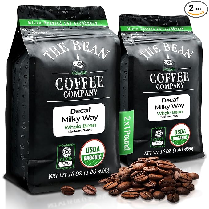 The Bean Organic Coffee Company Water Processed DECAF Milky Way Medium Roast Whole Bean Coffee 16-Ounce Bags (Pack of 2)