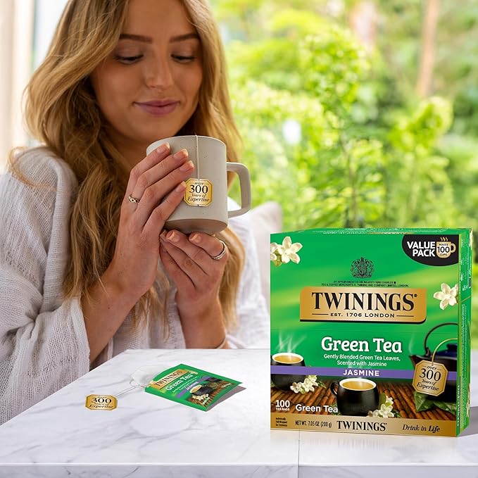 Twinings Green Tea with Jasmine Individually Wrapped Bags 100 Count (Pack of 1) Fragrant Floral Scent Caffeinated Enjoy Hot or Iced 100 Teabags