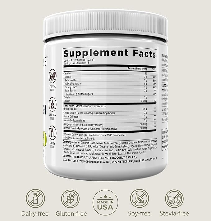 BIOptimizers Mushroom Coffee Alternative – Salted Caramel Drink – Lion’s Mane Chaga Reishi + Collagen Peptides for Focus Energy &amp Gut Health – Adaptogenic Mushrooms &amp MCT Powder – 15 Servin