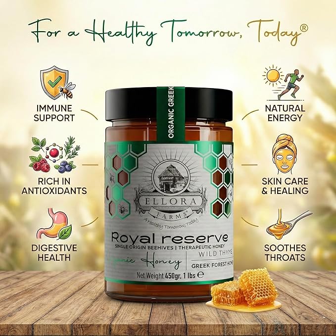 Ellora Farms Organic Honey Wild Thyme Raw Honey Greek Unfiltered Preservative and Additive Free Paris and Dubai Gold Awards Winner Gift Pack with Dipper - 450 g