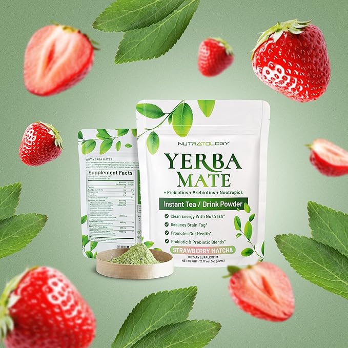 Yerba Mate Instant Tea Powder - 3-In-1 Super Drink - Clean Energy - Formulated With Nootropics To Boost Focus &amp Clarity - With Prebiotics &amp Probiotics To Boost Gut Health | Strawberry Matcha -