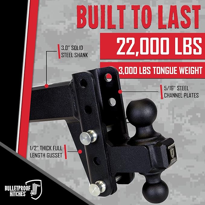 BulletProof Hitches - 3.0 Adjustable Heavy Duty Trailer Hitch (22000 lb. Rating) - 4 Drop/Rise Trailer Hitch with 2 &amp 2-5/16 Dual Ball - Powder Coat Solid Steel Corrosion-Resistant