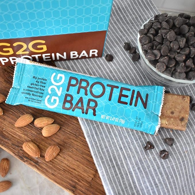 G2G Protein Bar Almond Chocolate Chip Real Food Ingredients Refrigerated for Freshness Healthy Snack Delicious Meal Replacement Gluten-Free 16 Count (2 Packs of 8)