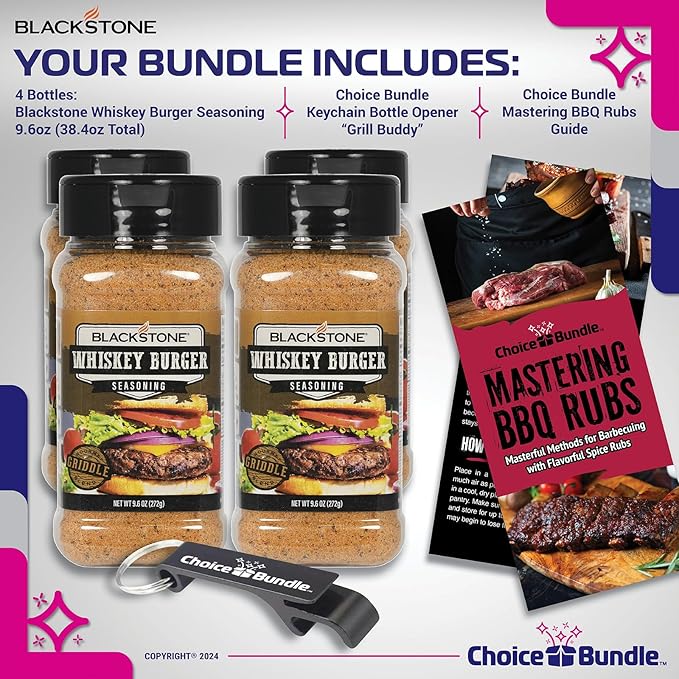 Blackstone Whiskey Burger Seasoning – Gourmet Griddle Premium Barbecue Rub 4 Pk (38.4 oz) + BBQ Masters &amp Opener (6 Items)!