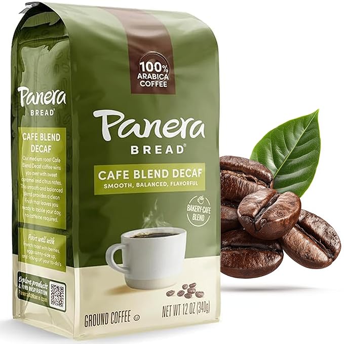 Panera Cafe Blend Decaf Ground Coffee - Medium Roast Decaf Coffee with Sweet Caramel &amp Citrus Notes - 100% Arabica Decaffeinated Ground Coffee - Smooth Balanced No Bitter Taste - 12oz Bag