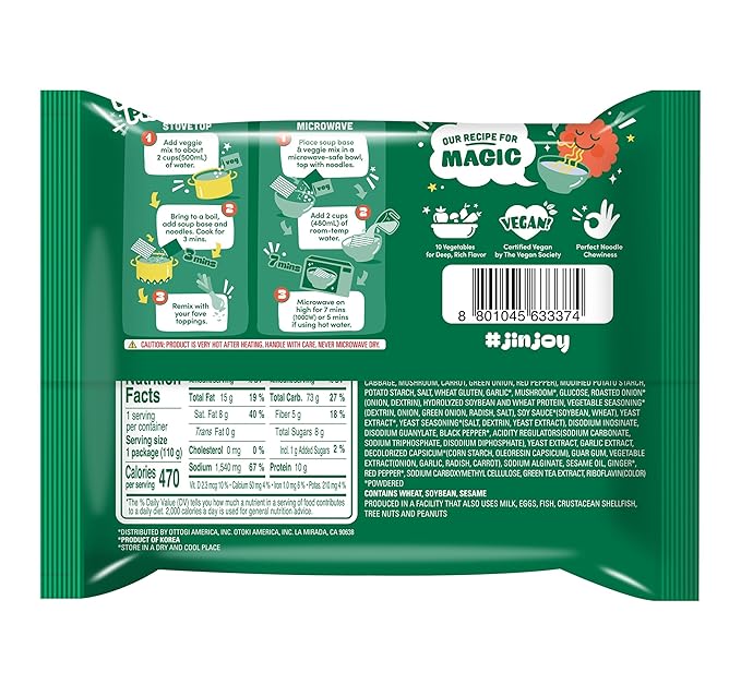 OTOKI Jin Ramen Veggie Korean Vegan Instant Ramen Plant-Based Vegetable Broth Savory &amp Umami Flavor Ready in 4 Minutes 4.23 oz (Pack of 8)