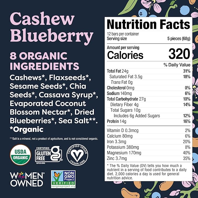 Tosi Meal Nut Bars Cashew Blueberry Healthy Snacks for Adults &amp Kids Crunchy Plant Based Protein Bar (14G) Keto Snacks Vegan Gluten &amp Soy Free Low Sugar Omega 3s 2.4oz 12-Pack