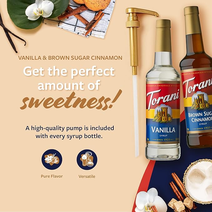 Torani Syrups Brown Sugar Cinnamon and Vanilla Syrup Variety 2-Pack Coffee Syrups for Drinks Pumps Included 25.4 Fl Oz Ea