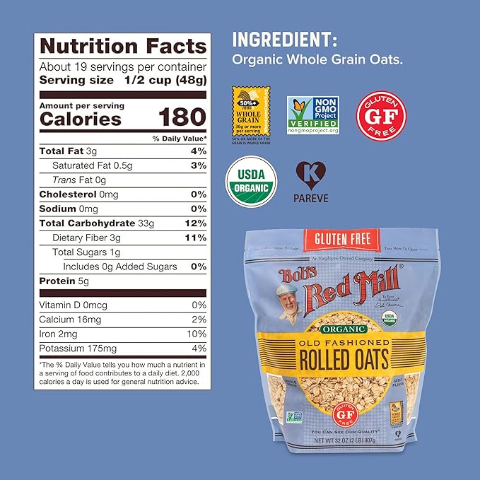 Bob's Red Mill Gluten Free Organic Old Fashioned Rolled Oats 400oz (Pack of 1) - Non GMO Whole Grain Vegan Kosher