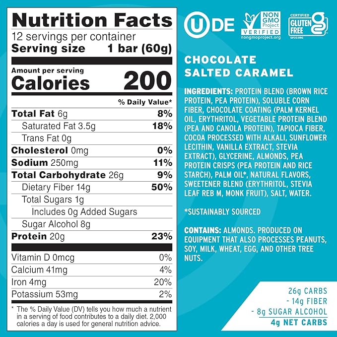 No Cow High Protein Bars Chocolate Salted Caramel - Healthy Snacks 20g Vegan Protein High Fiber Low Sugar Keto Friendly Dairy &amp Gluten Free (12 Count)