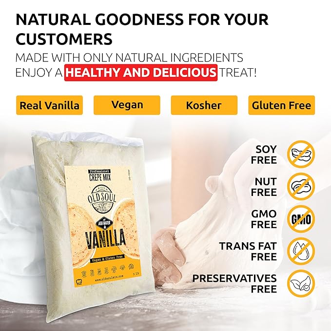 OldSoul Professional Crepe Mix | Dough Mix | Vanilla Flavour | 30 Lbs | 216 Crepes (30 Lbs Gluten Free &amp Vegan)