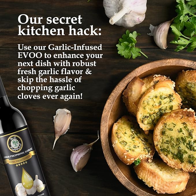 M.G. PAPPAS High Polyphenol Rich Garlic Infused Olive Oil - Extra Virgin Olive Oil - Over 500mg/kg - Cold Pressed &amp Unfiltered - High Hydroxytyrosol Greek Olive Oil - Award Winning