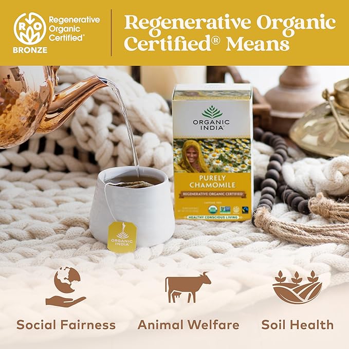 Organic India Purely Chamomile Tea - Regenerative Organic Chamomile Flowers Caffeine Free Calming &amp Relaxing Herbal Tea Natural Support for Sleep &amp Relaxation - 18 Bags Pack of 3