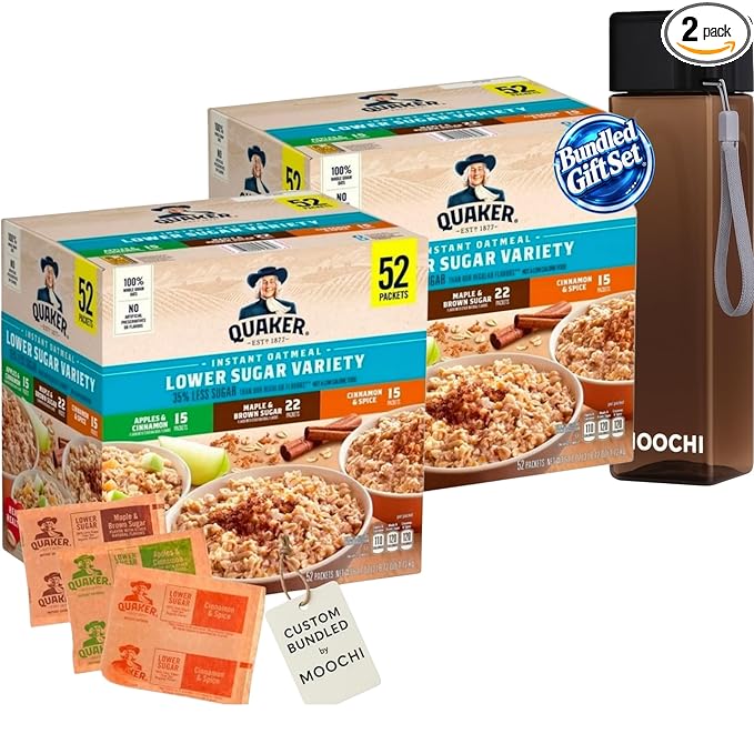 Lower Sugar Instant Oatmeal Variety Pack – 104 Single-Serve Packets (Apples &amp Cinnamon Maple Brown Sugar Cinnamon Spice) + Free Reusable Water Bottle | Custom Bundled by MOOCHI
