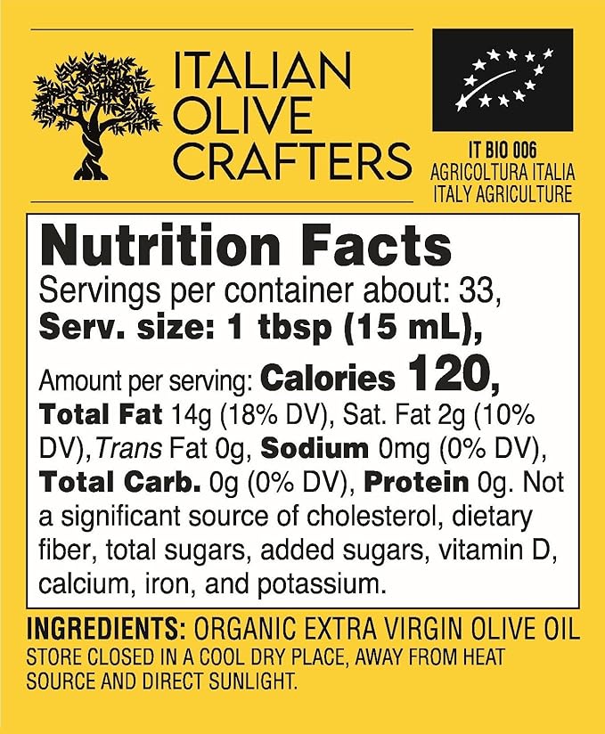 Italian Olive Crafters Polyphenol Rich Organic Extra Virgin Olive Oil 16.9 fl oz - 646 mg/kg High Polyphenols - Organic Olive Oil Extra Virgin Cold Pressed Glass Bottle