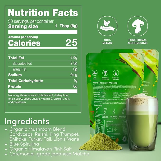 RYZE SUPERFOODS Mushroom Matcha Starter Kit USDA Organic with 6 Adaptogenic Mushrooms and Ceremonial-Grade Matcha Energy Focus Digestion Immunity with Turkey Tail Shiitake Reishi 60 servings