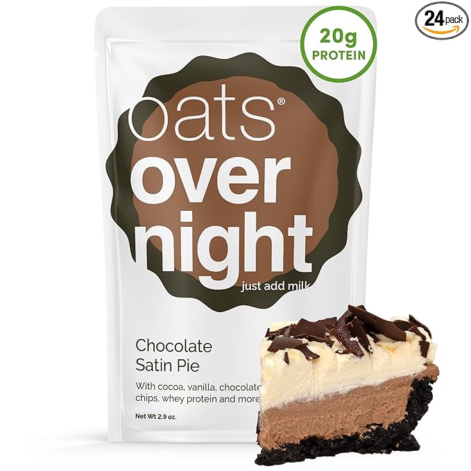 Oats Overnight Chocolate Satin Pie - Overnight Oats with 20g Whey Protein High Fiber Breakfast Protein Shake - Gluten Free Oatmeal Non GMO High Protein Oatmeal (2.9 oz per Meal) (24 Pack)