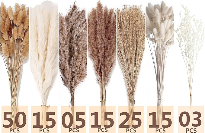 Dried Pampas Grass Decor 128PCS Pampas Grass with Bunny Tails Dried Flowers Reed Grass Bouquet for Wedding Boho Flowers Home Table Decor Rustic Farmhouse Party