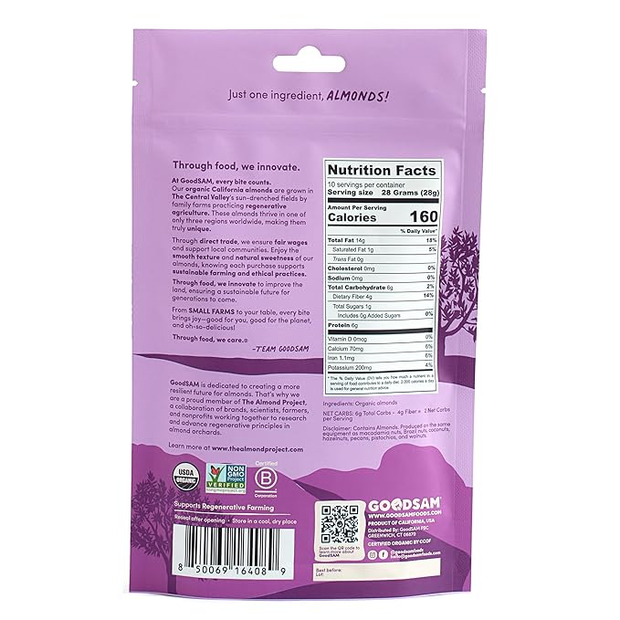 GoodSam Foods – Organic Raw &amp Unsalted Almonds 1.25lbs (2x10oz Bags) – Regeneratively Farmed California Almonds for Snacking Cooking and Baking