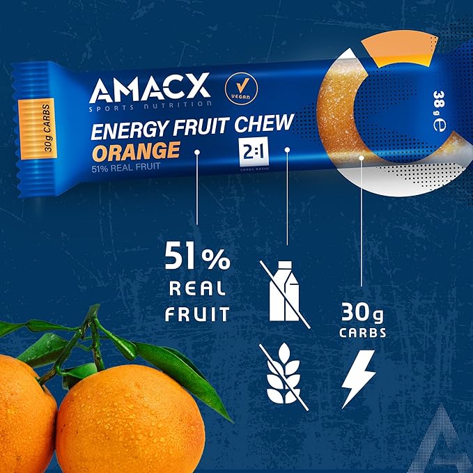 AMACX Fruit Chew Energy Bar – High Carb Running Fuel – 12 x 38g – Electrolyte Chews for Endurance Sports with 51% Fruit – Vegan Gluten &amp Lactose-Free – Sports Nutrition Running Chews (12 Pack Or