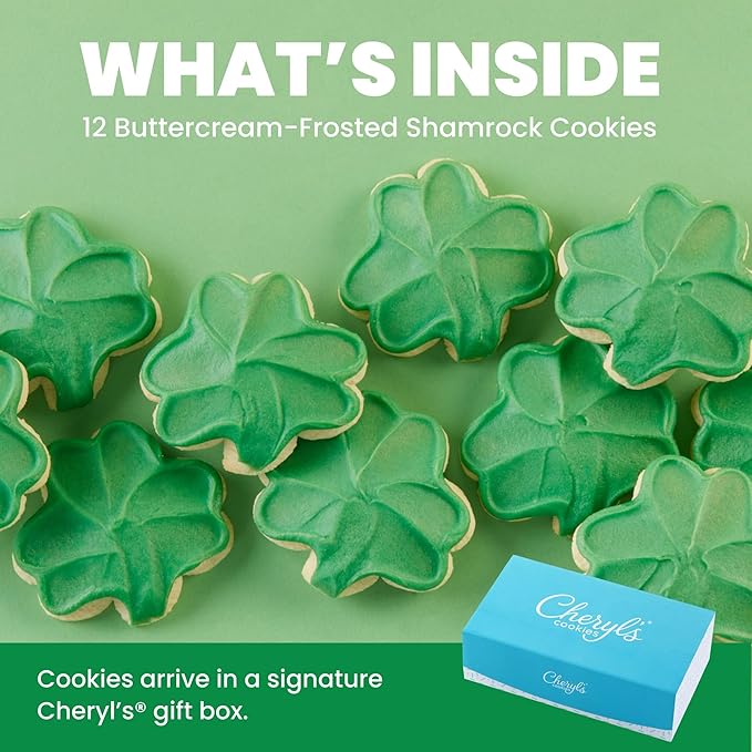 Cheryl's Cookies® Shamrock Cookies with 12 Buttercream-Frosted Sugar Cookies Individually Wrapped St. Patrick's Day Gift for Loved Ones Family Friends Coworkers