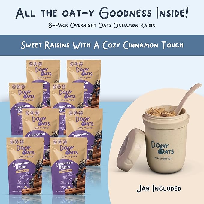 Dozy Oats Overnight Oatmeal Packets Cinnamon Raisin Multipack with Rolled Oats Chia Seeds Date Powder Cinnamon and Raisins. Gluten-Free Natural Source of Protein and Fiber 8-Pack and Jar