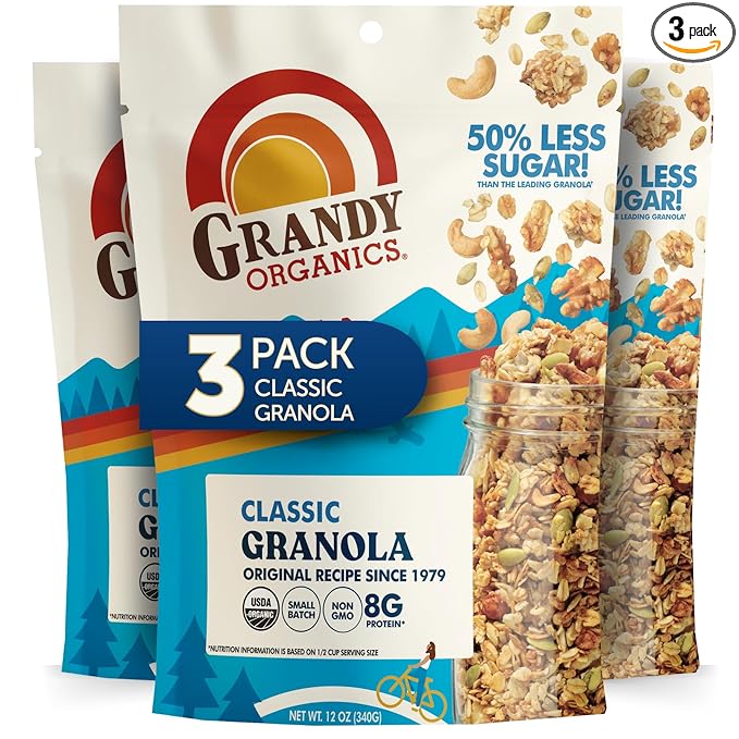 Grandy Organics Classic Granola Certified Organic Granola Cereal Low Sugar - Made with Oats Pumpkin Seeds Walnuts and Cashews 12oz Bags Bulk Pack of 3