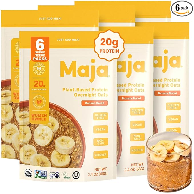 Maja Banana Bread Overnight Protein Oats 2.4 oz Single-Serve (6 Pouches) | High Protein Overnight Oats Gluten Free Plant-Based | Certified Organic | Just Add Milk or Plant Milk