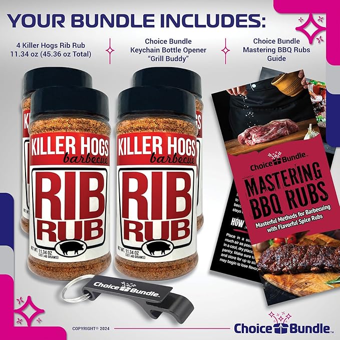 Killer Hogs Rib Rub Premium BBQ Barbecue Spice Seasoning 4 pk (45.36 oz) + Guide &amp Bottle Opener (6 Items)!
