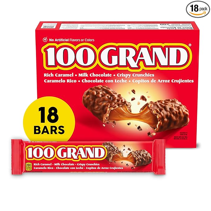 100 Grand Crispy Milk Chocolate with Caramel Full Size Individually Wrapped Candy Bars 1.5 oz each Bulk 18 Count Box