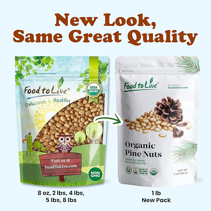 Food to Live Organic Dry Roasted Pine Nuts 1 Pound – Naturally Tasty and Crunchy Nutritious and Delicious Perfect for Cooking Baking and Snacking Non-GMO Vegan Kosher Bulk