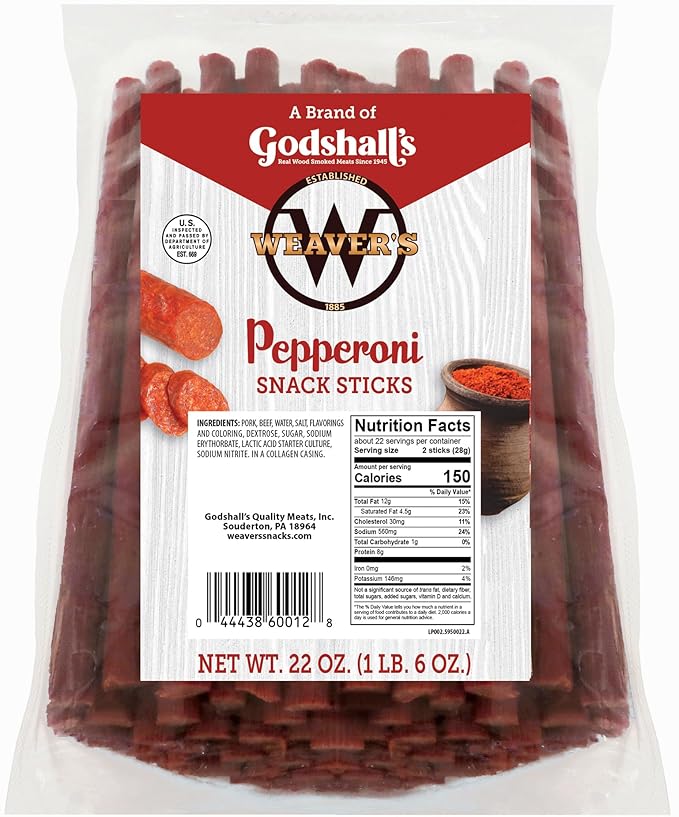 Weaver’s Pepperoni Snack Sticks (44 pepperoni flavored 7 pork snack sticks per 22oz bag)