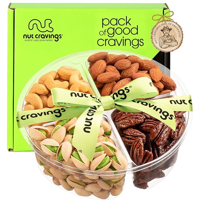 NUT CRAVINGS - Easter Mixed Nuts Gift Basket + Green Ribbon (4 Assortments) Ramadan Gifts Saint Patrick's Day Treats for Adults Food Arrangement Healthy Snack Care Package Kosher