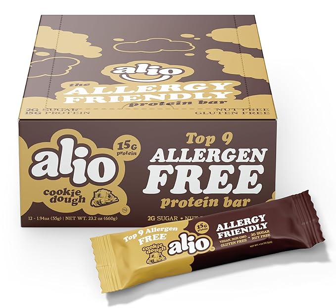 Alio Protein Bars - Cookie Dough (12 Bars) – Free From The Top 9 Food Allergens High Protein Low-Calorie Vegan Gluten-Free Nut-Free Non-GMO Plant-Based Seed Oil Free Delicious &amp Healthy S